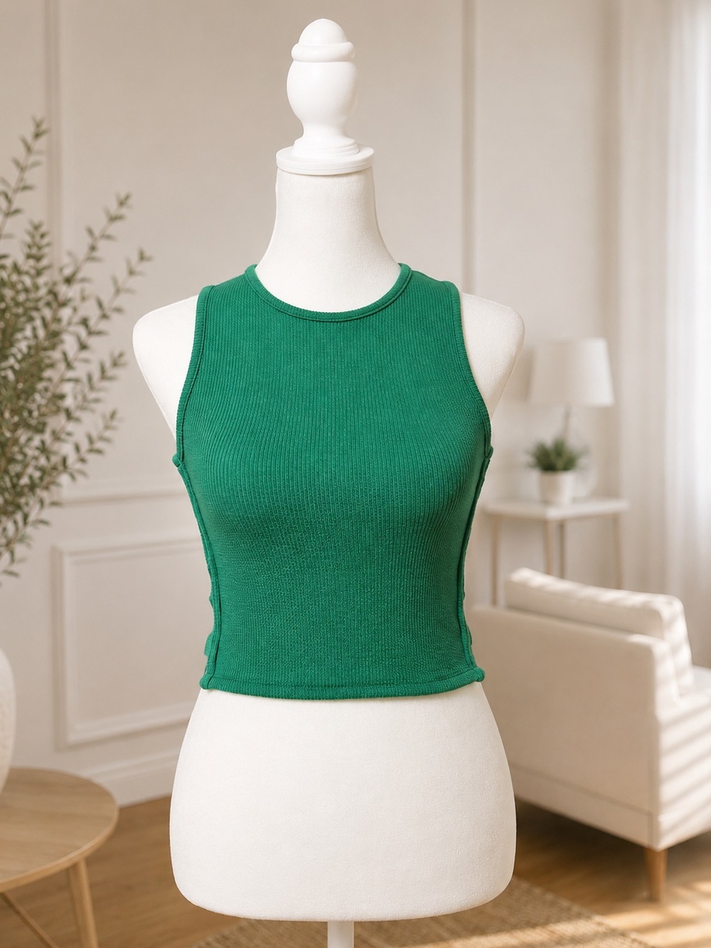 Dilvin Green Ribbed Side Ring Detail Crop Top - Picture 1 of 3